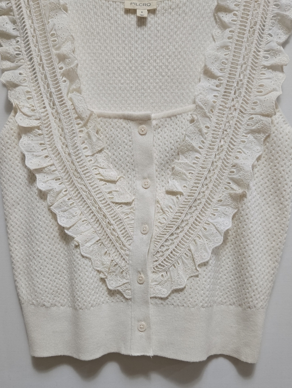 Pilcro Crafted Bib Sweater Tank Top S Cream Ivory Lace Peasant Feminine Ruffle - Picture 9 of 13